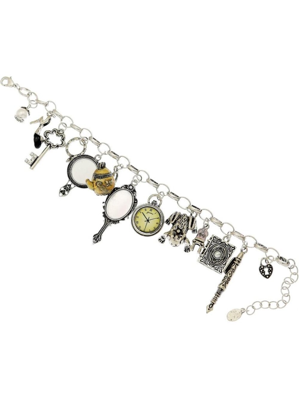 Women's Silver Cuff Mirror Clock Heart Teapot Wonderland Style Bangle  Bracelet